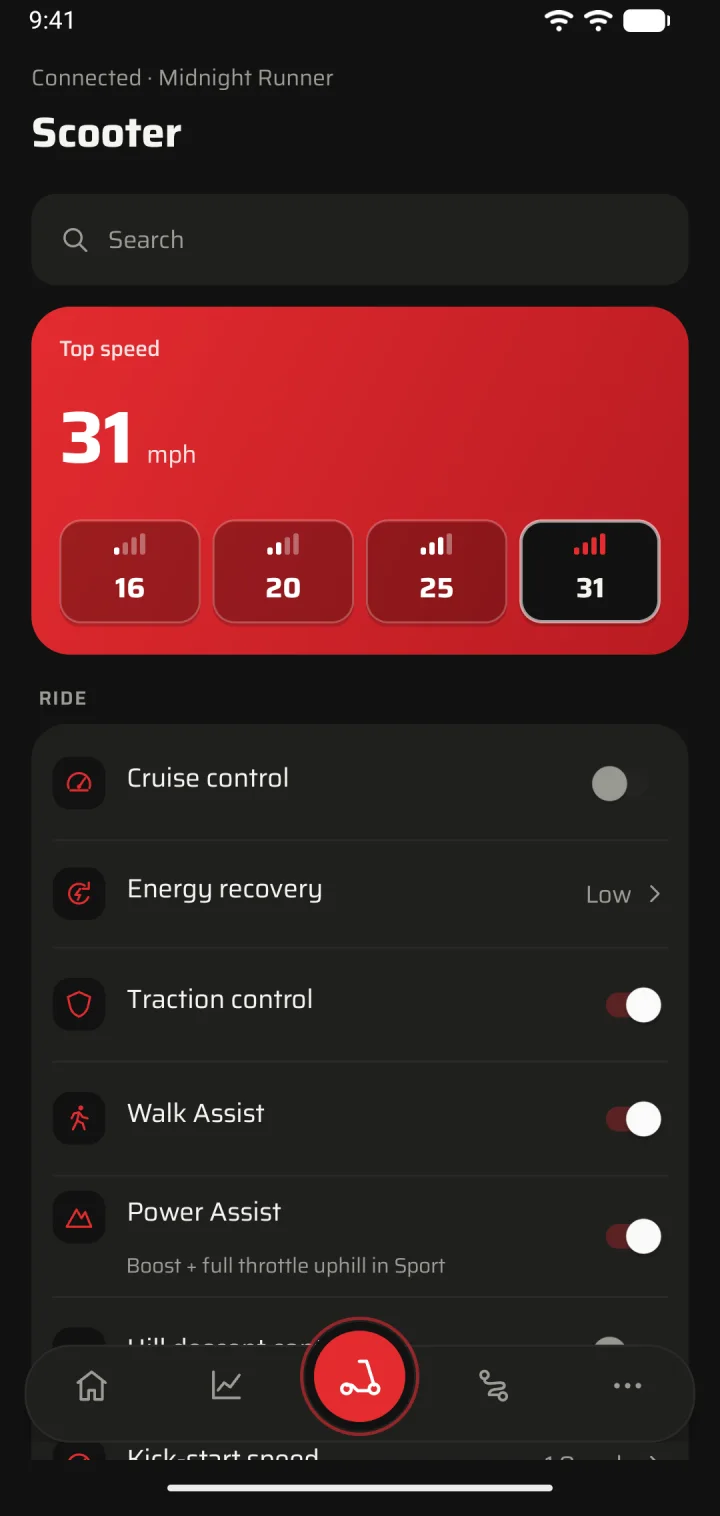 Volt Scooter controls: a red Top speed card set to 31 mph with 16, 20, 25 and 31 mph presets, plus ride settings like Cruise control and Traction control.