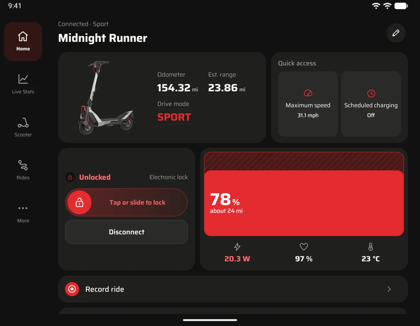 Volt on an unfolded foldable: a wide two-column dashboard with a navigation rail, the scooter card, quick access, a large lock slider and the battery at 78 percent.